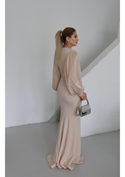 Vogen Taş Detaylı Abiye Elbise Bej fiyatları
