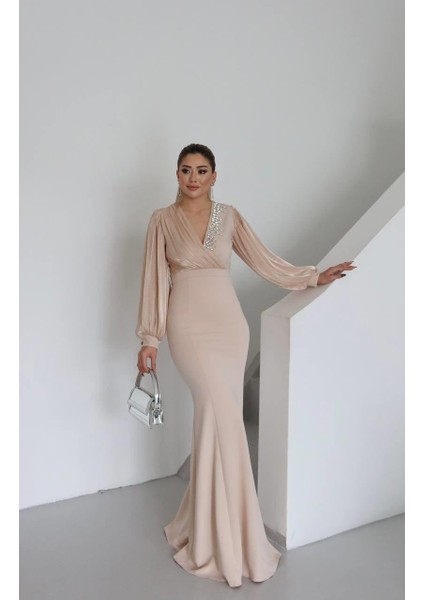 Vogen Taş Detaylı Abiye Elbise Bej modelleri
