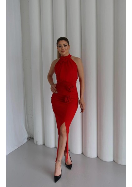 Molis Gül Detaylı Abiye Elbise Kırmızı