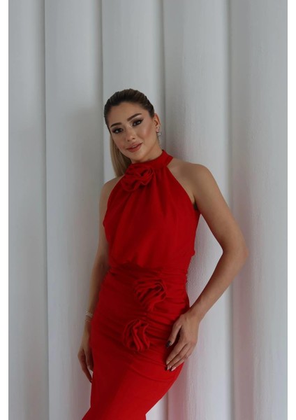 Molis Gül Detaylı Abiye Elbise Kırmızı fiyatları