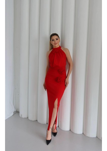 Molis Gül Detaylı Abiye Elbise Kırmızı modelleri