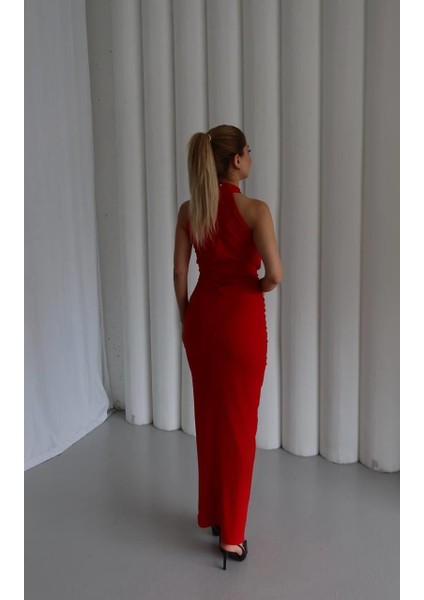 Molis Gül Detaylı Abiye Elbise Kırmızı fırsatları