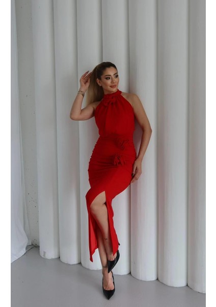 Molis Gül Detaylı Abiye Elbise Kırmızı indirimleri