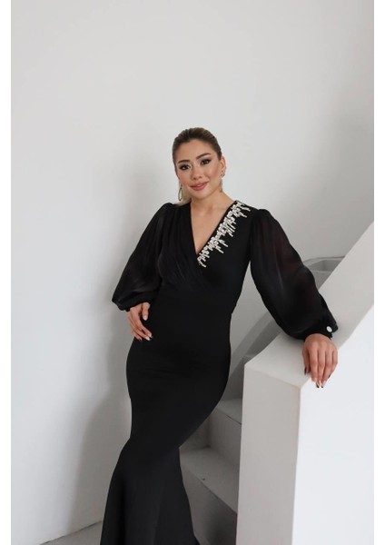 Vogen Taş Detaylı Abiye Elbise Siyah