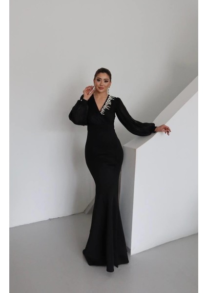 Vogen Taş Detaylı Abiye Elbise Siyah modelleri