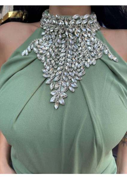 Pelica Taş Yaka Detaylı Abiye Elbise Su Yeşili indirimleri