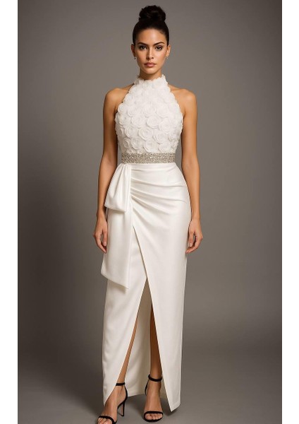 Alfa Taş Detaylı Tasarım Abiye Elbise Beyaz