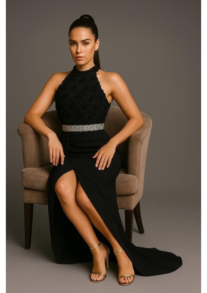 Alfa Taş Detaylı Tasarım Abiye Elbise Siyah