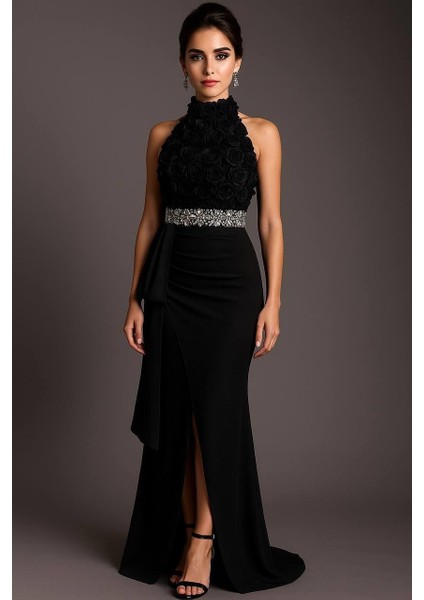 Alfa Taş Detaylı Tasarım Abiye Elbise Siyah fiyatları