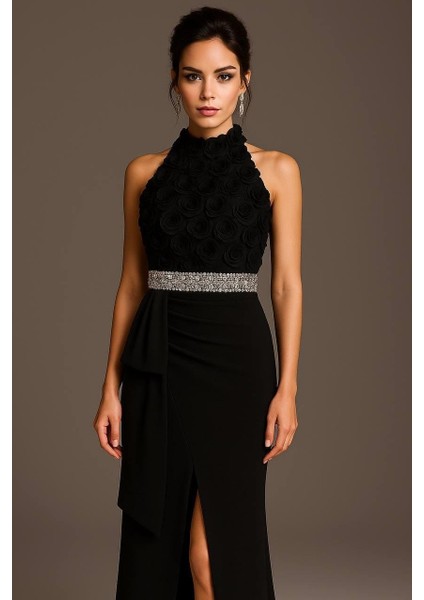 Alfa Taş Detaylı Tasarım Abiye Elbise Siyah modelleri