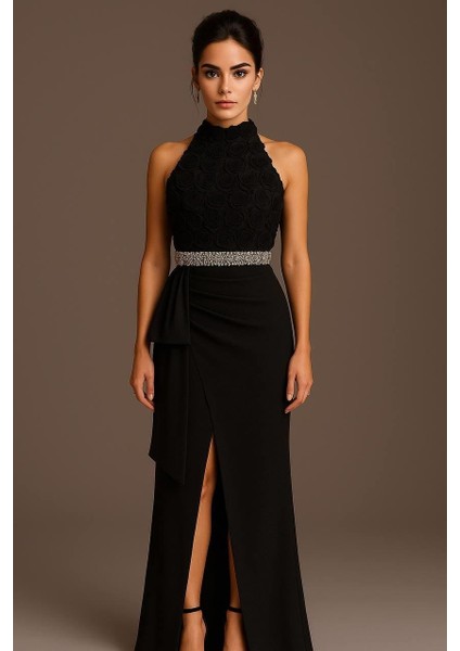 Alfa Taş Detaylı Tasarım Abiye Elbise Siyah fırsatları