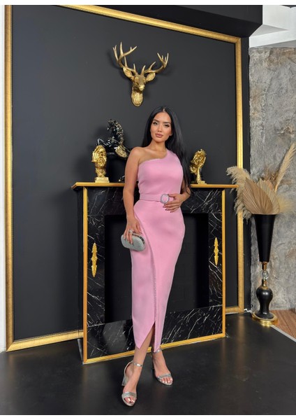 Melsa Tek Omuz Detaylı Abiye Elbise Pembe