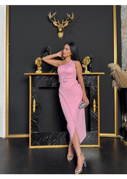 Melsa Tek Omuz Detaylı Abiye Elbise Pembe modelleri