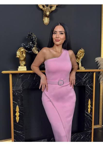 Melsa Tek Omuz Detaylı Abiye Elbise Pembe fırsatları