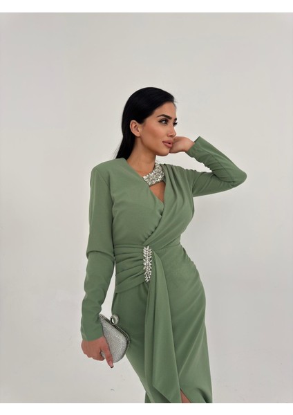Nosa Taş Detaylı Abiye Elbise Haki