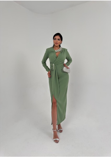 Nosa Taş Detaylı Abiye Elbise Haki modelleri