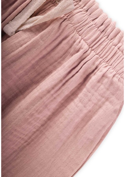 Organik Beli Fırfırlı Geniş Kesim Müslin Pantolon 1-8 Yaş Pudra Pembe