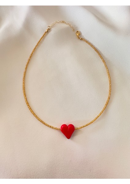 Kırmızı Murano Cam Kalp Altın Renk Kolye