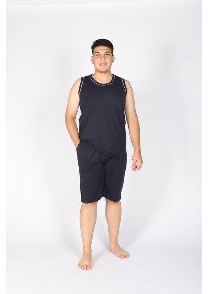 Erkek %100 Pamuk Penye Kolsuz T-Shirt ve Şort Takımı – Yazlık-Spor-Ev Rahatlığı-Günlük-Plaj–lacivert