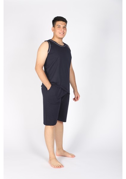 Erkek %100 Pamuk Penye Kolsuz T-Shirt ve Şort Takımı – Yazlık-Spor-Ev Rahatlığı-Günlük-Plaj–lacivert modelleri