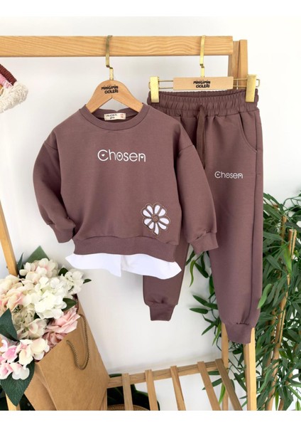 Chosen Çiçek Işlemeli Gömlek Detaylı Kız Çocuk 2 li takım - Kahverengi