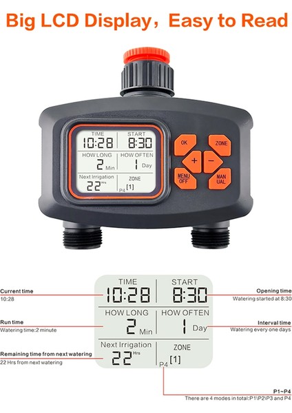 2 Yollu Su Zamanlayıcı LCD Ekran Zamanlayıcı Su Geçirmez IP65 Ev Bahçesi Sulama Yağışı Zamanlayıcısı Otomatik Kontrolör Sistemi (Yurt Dışından) modelleri