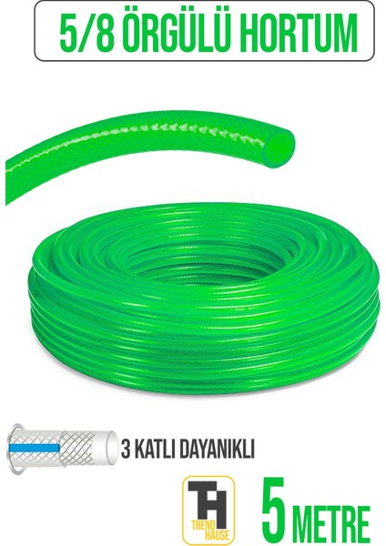 5/8 Örgülü Bahçe Hortumu Çatlamaz, Kırılmaz, Esnek (5 Metre) Yeşil