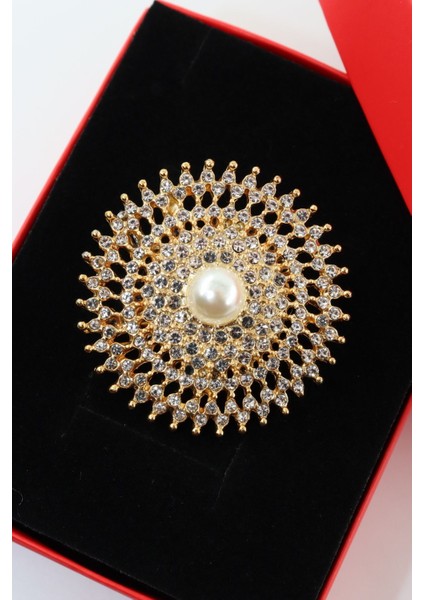 Gold Renk İncili Retro Güneş Broş. Kristal Taşlı Tasarım Güneş Broş. Yaka İğnesi Broş. Güneş Broş.