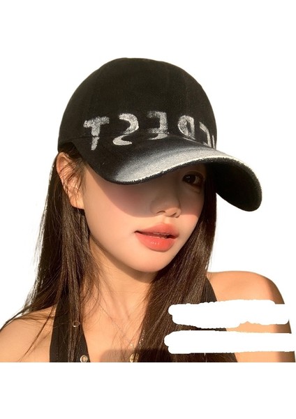 Kadınlar Için Geniş Siperlikli ve Büyük Yüzlü, Küçük Ördek Gagalı Şapka, Tüm Maç Şapka Trendini Gösteren Amerikan Retro Yıkanmış Eski Harfli Beyzbol Şapkası (Yurt Dışından)