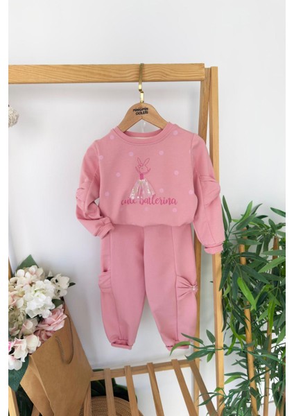 Cute Balerina Desenki Fiyonk Detaylı Kız Çocuk 2 li takım - Gül Kurusu