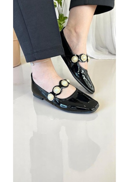 1275 Siyah Taş Detaylı Fantezi Tam Ortopedik Casual Kısa Topuklu Kadın Ayakkabı