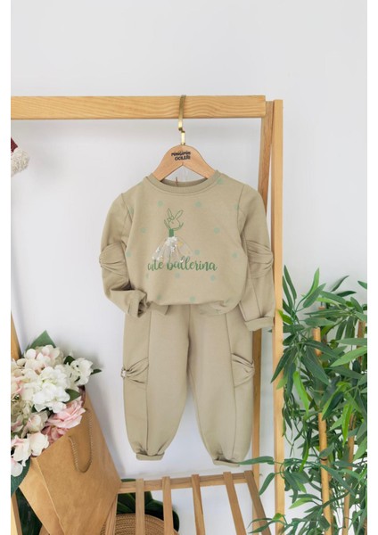 Cute Balerina Desenki Fiyonk Detaylı Kız Çocuk 2 li takım - Yeşil