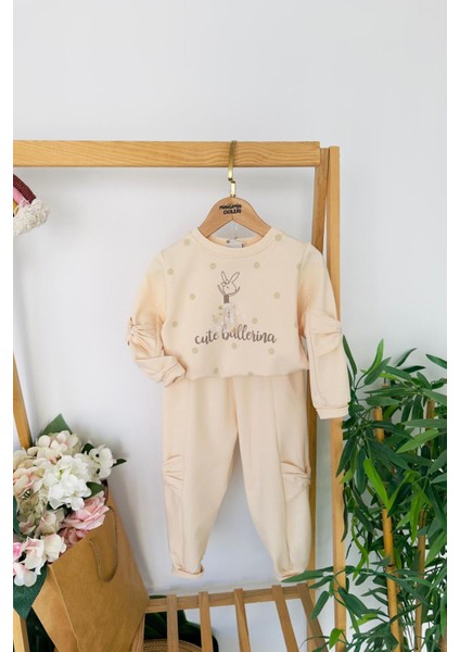 Cute Balerina Desenki Fiyonk Detaylı Kız Çocuk 2 li takım - Krem
