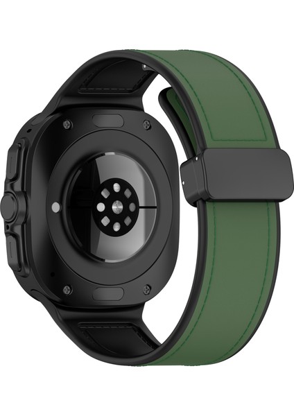 Samsung Galaxy Watch Ultra 47MM Saat Kayışı Manyetik Tokalı Deri Kaplı Silikon Bileklik - Yeşil (Yurt Dışından)