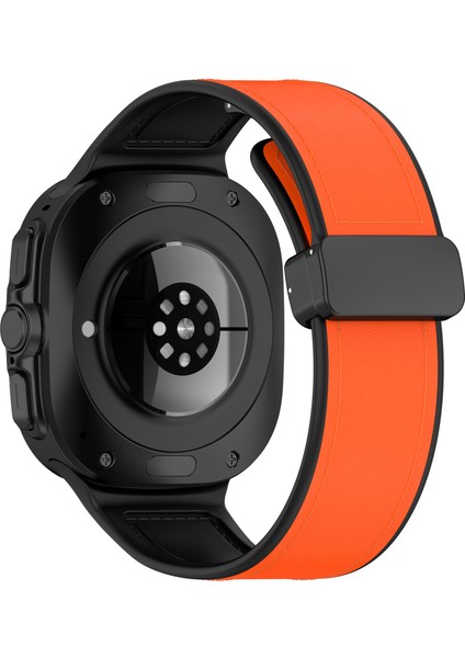 Samsung Galaxy Watch Ultra 47MM Saat Kayışı Manyetik Tokalı Deri Kaplı Silikon Bileklik - Turuncu (Yurt Dışından)