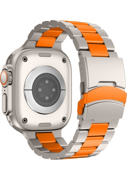 Apple Watch Series 10 42MM/9 8 7 41MM/SE (2023) Se (2022) Se 6 5 4 40MM/3 2 1 38MM 3 Boncuklu Titanyum Alaşımlı Saat Kayışı Yedek Bant - Titanyum + Turuncu (Yurt Dışından)