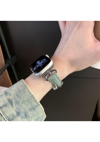 Apple Watch Series 10 42MM/9 8 7 41MM/SE (2023) Se (2022) Se 6 5 4 40MM/3 2 1 38MM Kot Kumaş Bant Kalp Kolye Kayışı - Eskitilmiş Renk/gümüş Toka (Yurt Dışından) modelleri