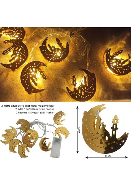 Ramazan Cami ve Hilal 10 Metal Ampullü Pilli Gün Işığı LED Işık 2 mt