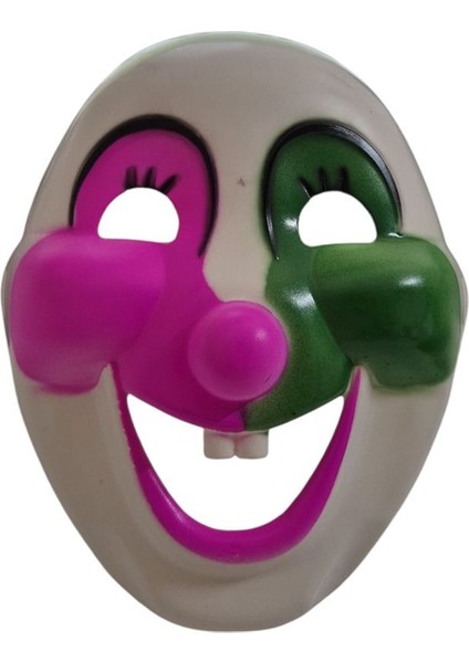 16 x 21 cm Sert Plastik Arkadan Lastikli Sevimli Palyaço Maskesi Pembe Yeşil Renk Çocuk Boy