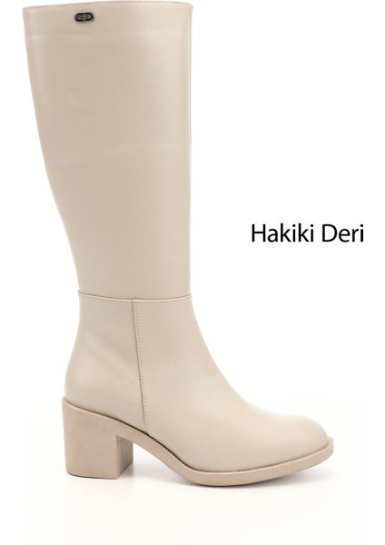 Kadın Bej Fermuarlı Kalın Topuklu Hakiki Deri Çizme