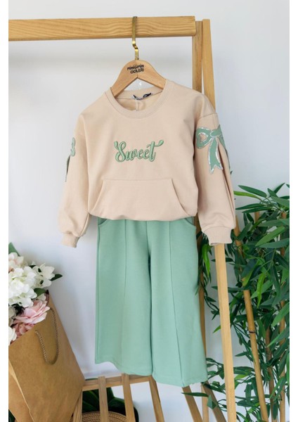 Sweat Işlemeli Fiyonk Pul Detaylı Ispanyol Kız çocuk takım - Yeşil