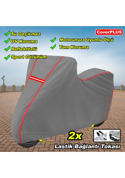 Yuki YB50QT-3 Casper Branda Gri Kırmızı-Dikişli Reflektörlü Motosiket Brandası Motor Örtüsü Çadır Su Geçirmez Motosiklet Kılıfı Motor Brandası