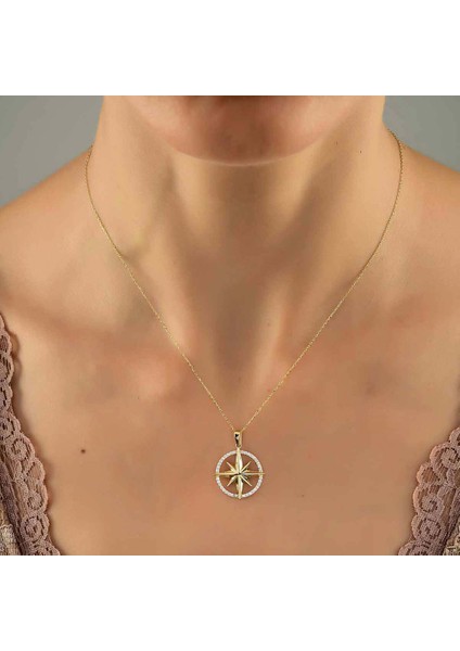 14 Ayar Gold Kaplama Pusula Figürlü Taşlı Kolye , Gold Çember Kutup Yıldızı Kolye