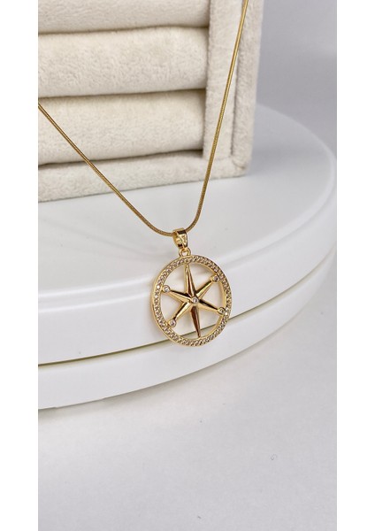 14 Ayar Gold Kaplama Pusula Figürlü Taşlı Kolye , Gold Çember Kutup Yıldızı Kolye fiyatları