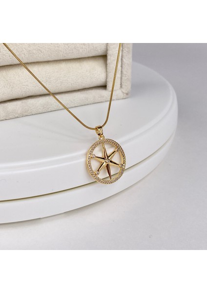 14 Ayar Gold Kaplama Pusula Figürlü Taşlı Kolye , Gold Çember Kutup Yıldızı Kolye modelleri