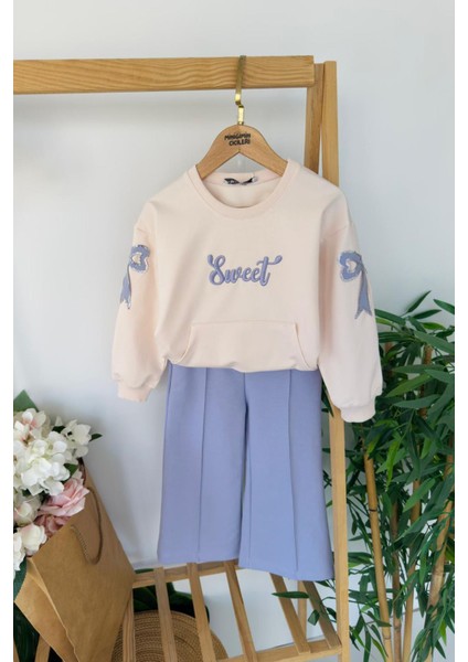 Sweat Işlemeli Fiyonk Pul Detaylı Ispanyol Kız çocuk takım - Lila