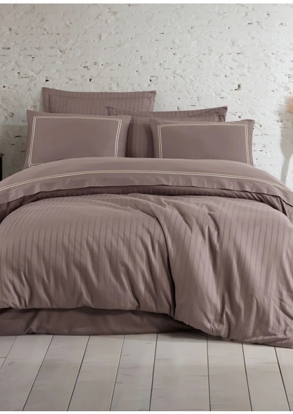 Imge Nakışlı Pamuk Saten Yollu Çift Kişilik Nevresim Takımı-A.kahve