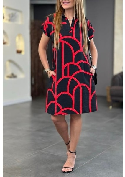 Omuz Drapeli Polo Yaka Keten Elbise