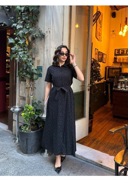 Pamuk Fisto Çiçek Desenli Cep ve Kemer Detaylı Astarlı Elbise