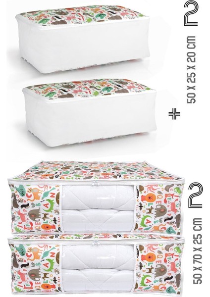 4'lü Set 50X70X25 ve 50X25X20 Hayvan Desenli Hurçlar, Dolap ve Baza Altı Için